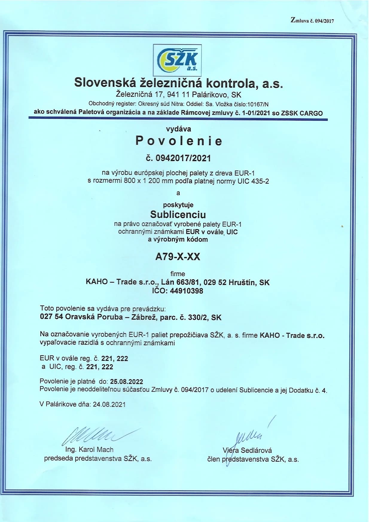 Povolenie na výrobu európskej drevenej palety EUR-1 vydané pre KahoTrade